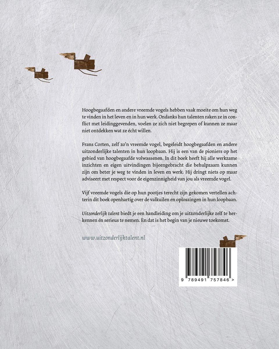 Achterkant van het boek "UITZONDERLIJK TALENT" met tekst en een barcode.