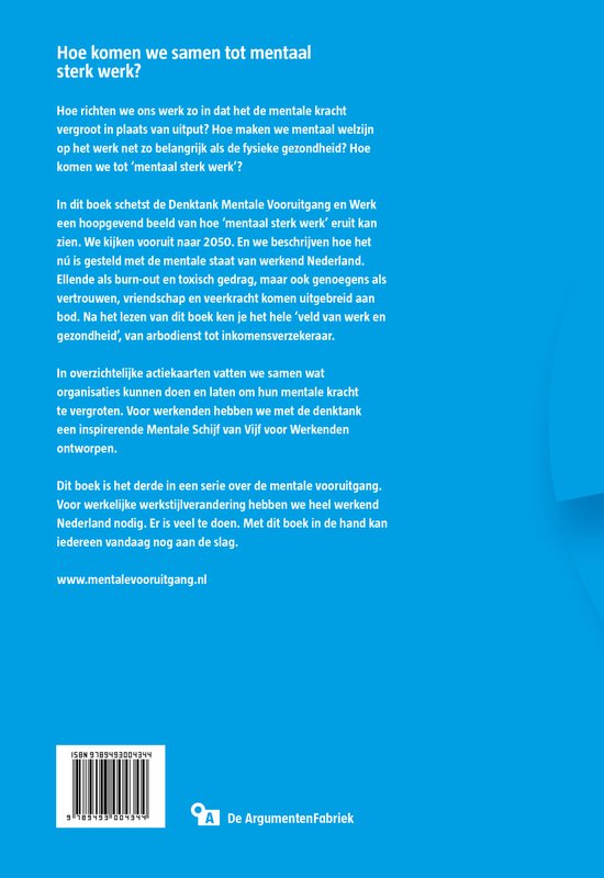 Boek 'Hoe komen we samen tot mentaal sterk werk?' met tekst en ISBN.