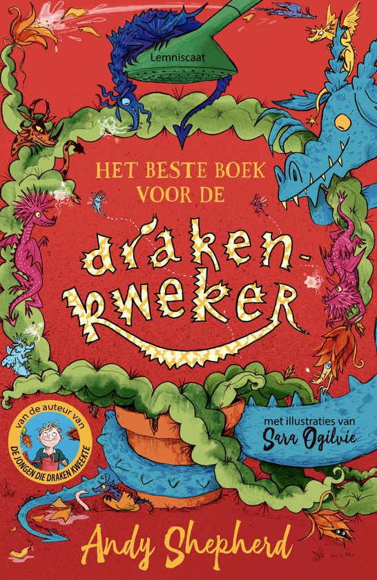 Boekomslag met titel 'Het beste boek voor de drakenkweker'. Vrolijke illustratie van draken, planten en een bloempot.