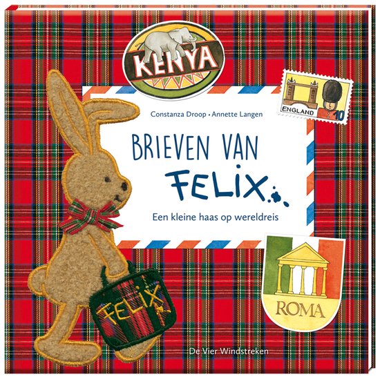 Een bruine vilten Felix met een strik en koffer, tegen een achtergrond van rood ruitjespapier met stickers van Kenia, Engeland en Rome. "Brieven van Felix".