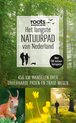 Boek met de titel 'roots wandelgids Het langste natuurpad van Nederland'. Met afbeeldingen van een eekhoorn, gele bloemen en een wandelende man.