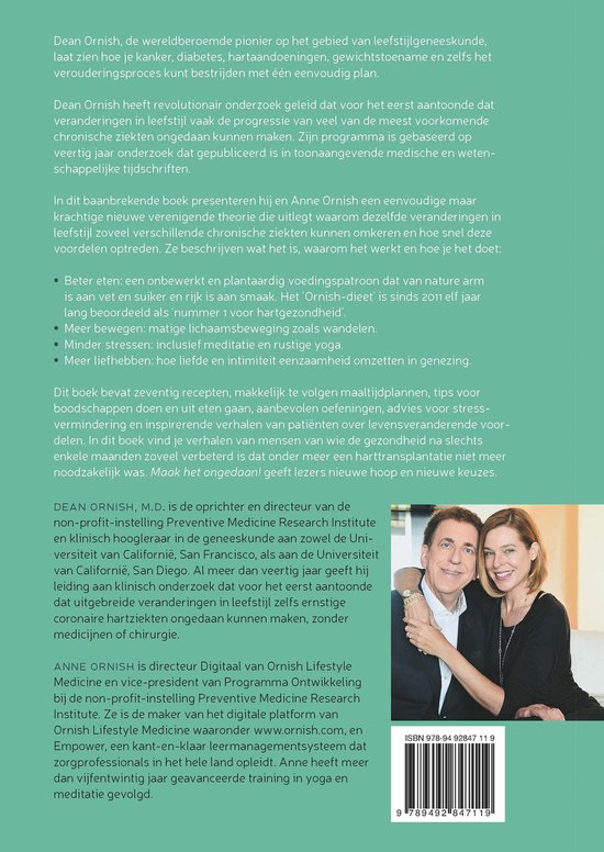 Achterkant boek met portret van Dean Ornish en Anne Ornish, auteurs van "Maak het ongedaan!".