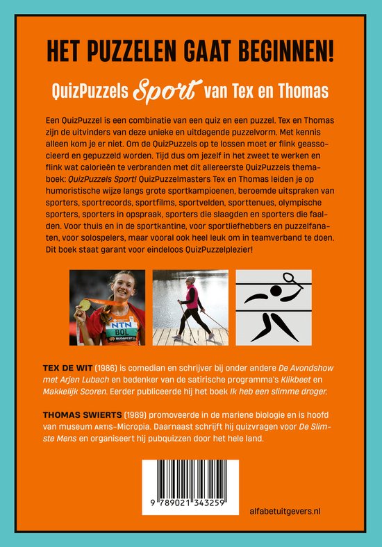 Voorpagina van 'QuizPuzzels Sport', met foto's van een medaillewinnaar en een hardloopster. Tekst over de auteurs Tex de Wit en Thomas Swierts.