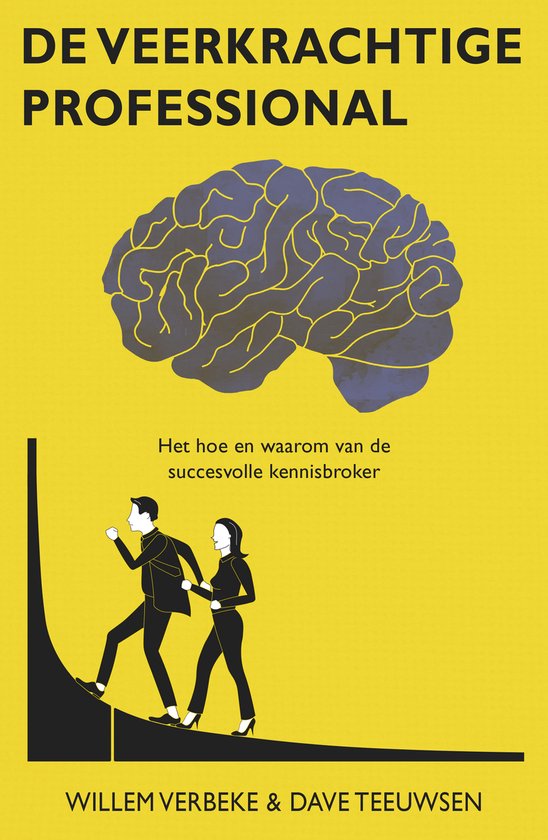 Boekcover met gele achtergrond. Een afbeelding van een hersenen en twee personen die een berg op lopen. Titel: De veerkrachtige professional.