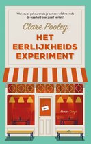 Boekcover met de titel 'Het eerlijkheidsexperiment' in oranje letters, boven een afbeelding van een winkelpand met een luifel.