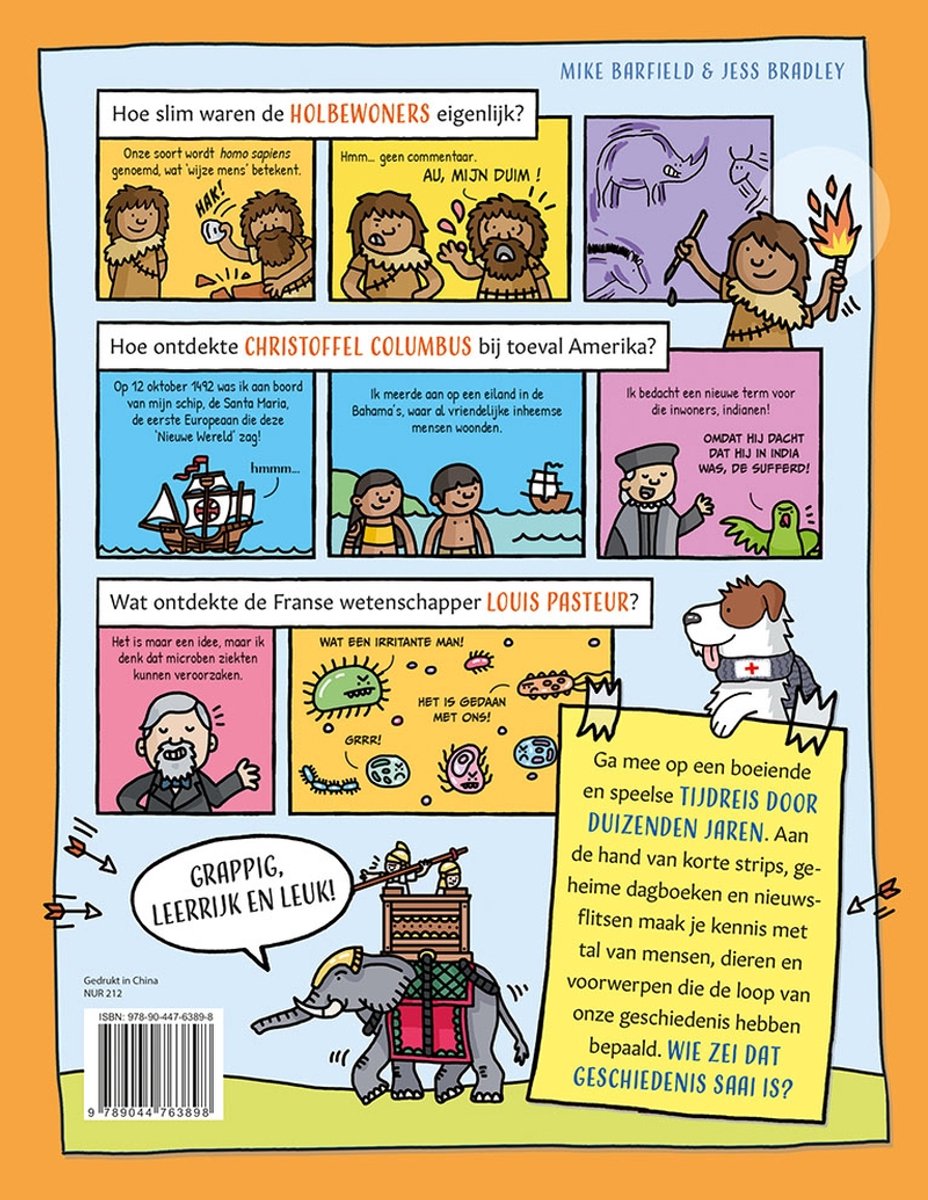 De achterkant van 'Een dag in het leven van...', met illustraties en tekst over historische gebeurtenissen en ontdekkingen.