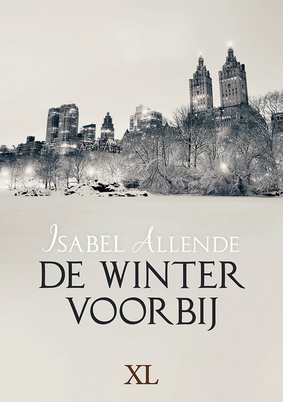 Couverture du livre 'De winter voorbij' avec le texte 'Isabel Allende De winter voorbij XL' devant une photo hivernale de New York.