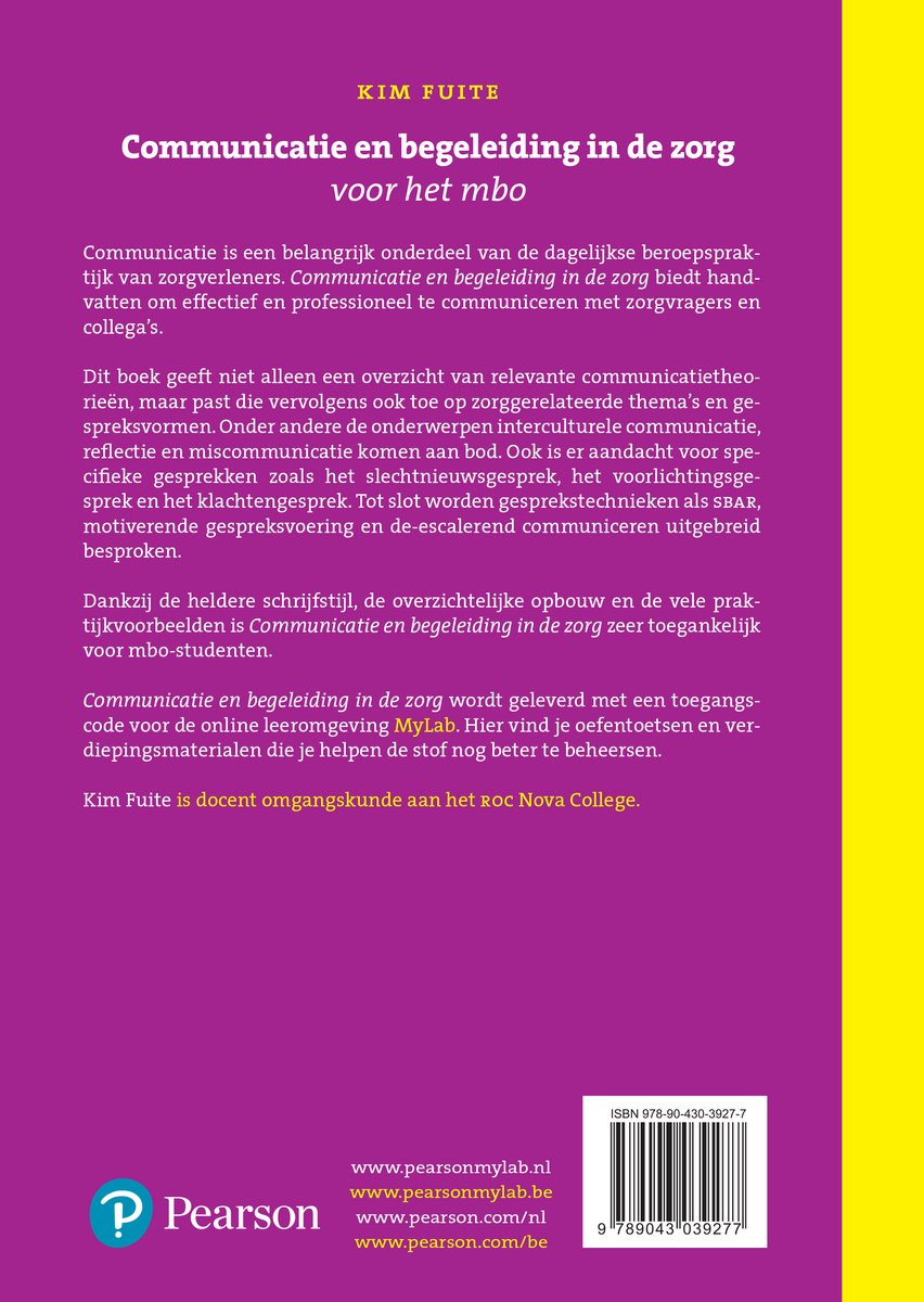 De paarse achtergrond van de kaft heeft witte tekst en een deel van de ISBN-barcode. De titel is 'Communicatie en begeleiding in de zorg voor het mbo'.