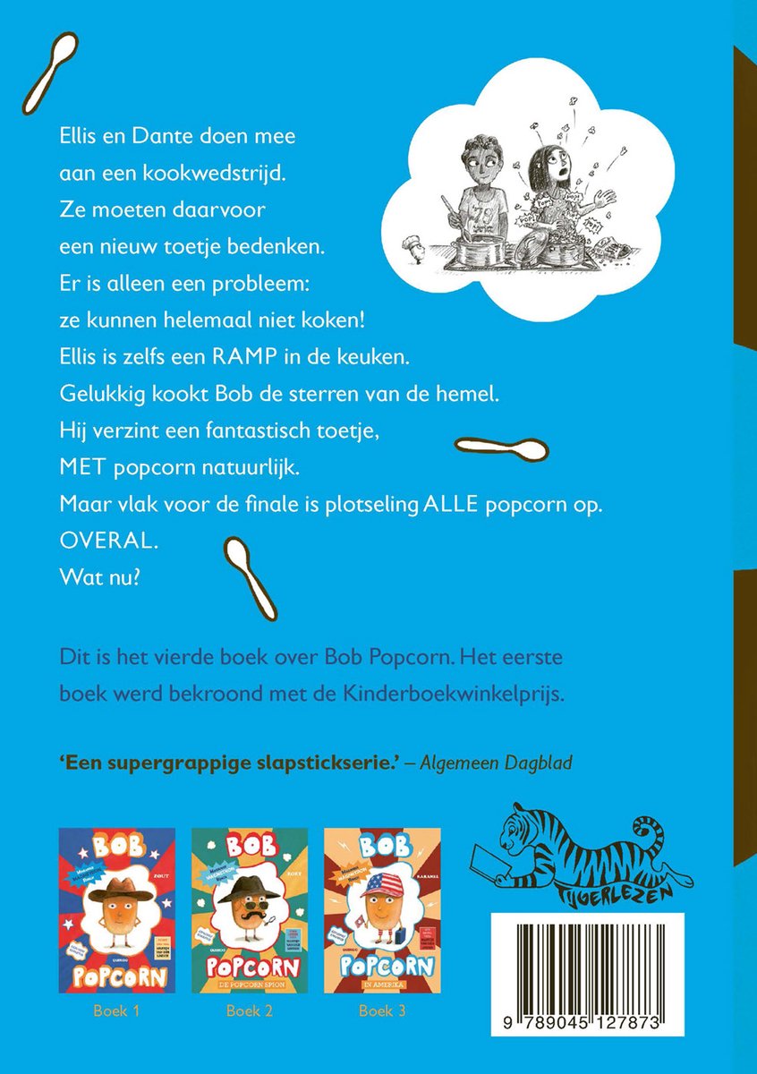 Boekomslag met tekst en tekeningen van een kookwedstrijd. Deel 4 van Bob Popcorn, met boekomslagen van de eerste 3 delen.