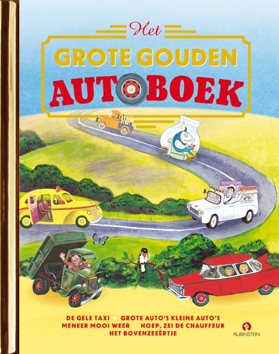 Boekomslag met verschillende auto's op een weg. Titel: Het Grote Gouden Autoboek. Inclusief tekst.