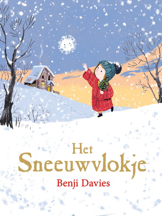 Een meisje in een rode jas en groene muts, met sneeuw, het huisje 'Het Sneeuwvlokje' van Benji Davies.