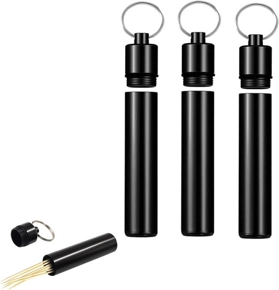Tandenstokerhouder van aluminium met 4 sleutelringen, draagbare metalen tas, waterdichte pillendoosje, tandenstoker en gespen voor picknick op reis en camping, 8 x 1,9 cm, zilver