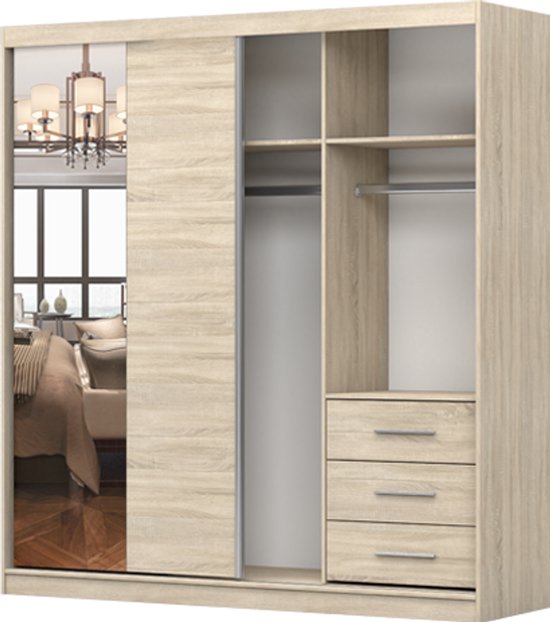 Armoire Posa 42 - Armoire 2 portes coulissantes avec miroir, 3 tiroirs et tringle à vêtements - Armoire pour chambre, hall et salon - Armoire moderne avec grand espace de rangement (Wit)