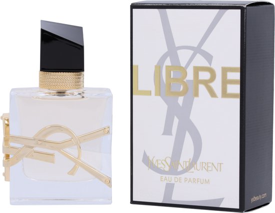 Doos en YSL Libre Eau de Parfum damesparfum. Gouden logo, gouden kettingdetail, zwarte dop.