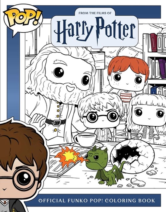 Harry Potter Funko Pop! kleurboek met Hagrid, Harry, Ron, Hermelien en een baby draak.