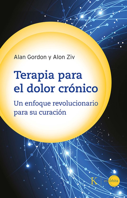 Boekomslag 'Terapia para el dolor crónico' door Alan Gordon en Alon Ziv, met gele cirkel en blauwe netwerk-achtergrond.