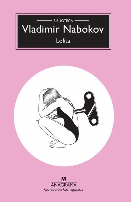 Boek 'Lolita' van Vladimir Nabokov, met op de omslag een getekende vrouw in badpak met een opwindsleutel in haar rug, op een roze achtergrond.