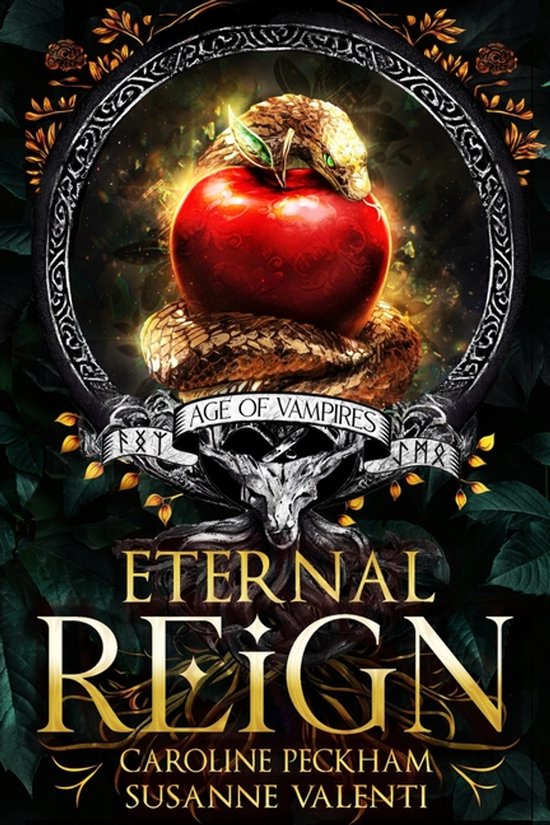 Couverture de livre avec un serpent enroulé autour d'une pomme rouge sous le titre 'Eternal Reign'.