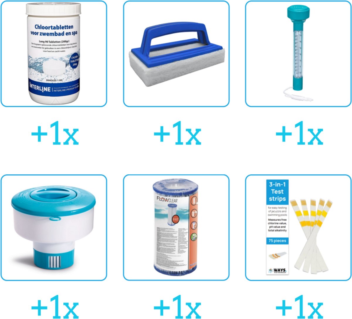 Zwembad Onderhoudsset – Startersset bevat Chloor – Scrubborstel – Thermometer en Chloordrijver – Filter – Testrips – Interline Onderhoud Starterspakket – Chloortabletten – Geschikt voor zwembaden met meer dan 25.000 liter (6-delig) Zwembad Onderhoudsset – Startersset bevat Chloor – Scrubborstel – Thermometer en Chloordrijver – Filter – Testrips – Interline Onderhoud Starterspakket – Chloortabletten – Geschikt voor zwembaden met meer dan 25.000 liter (6-delig)