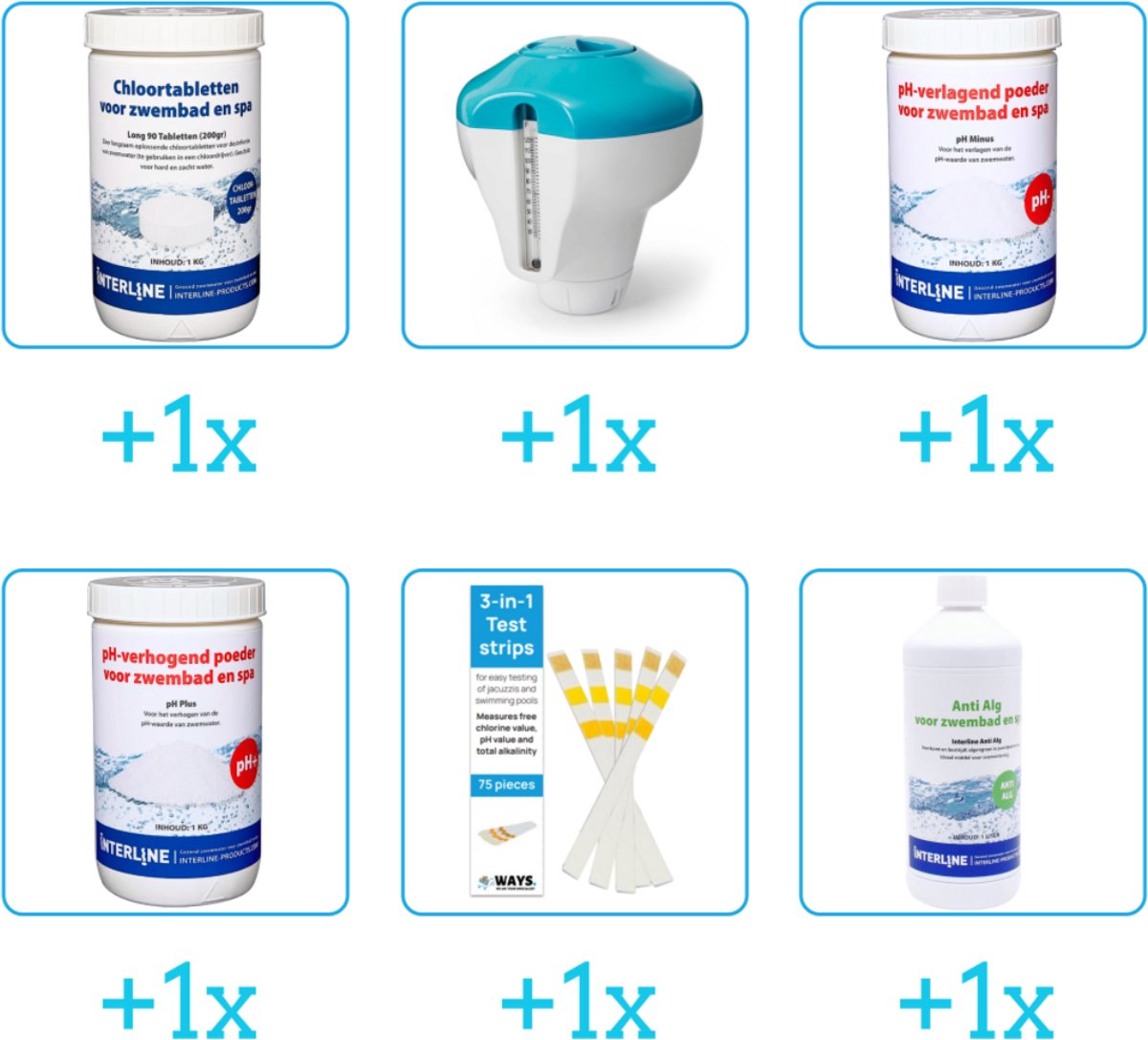 Zwembad Onderhoudsset – Startersset bevat Chloor – Chloordrijver – PH-min en PH-plus – Testrips – Anti Alg – Interline Onderhoud Starterspakket – Chloortabletten – Geschikt voor zwembaden met meer dan 25.000 liter (6-delig) Zwembad Onderhoudsset – Startersset bevat Chloor – Chloordrijver – PH-min en PH-plus – Testrips – Anti Alg – Interline Onderhoud Starterspakket – Chloortabletten – Geschikt voor zwembaden met meer dan 25.000 liter (6-delig)