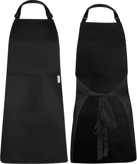 Foto: Castagnola keukenschort water en vuilafstotend professioneel kookschort schort voor dames en heren horeca sloof unisex verstelbare gesp extra grote vakken zwart
