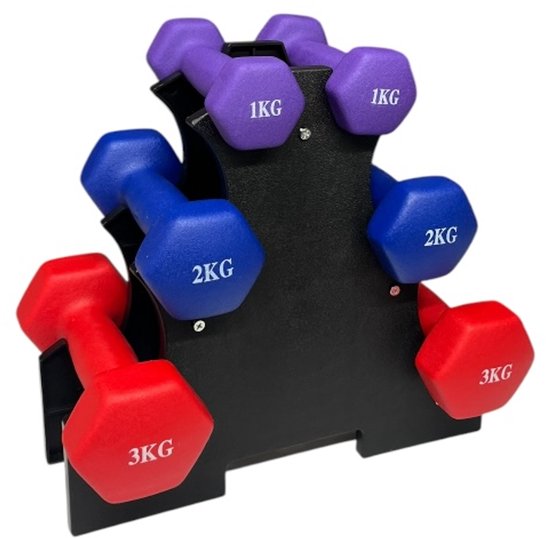 Padisport dumbellset 1 t/m 3 kg - dumbell set met houder - 3kg dumbells - 1kg gewicht - 2kg dumbells - dumbellset - dumbells - gewichten set halters -
