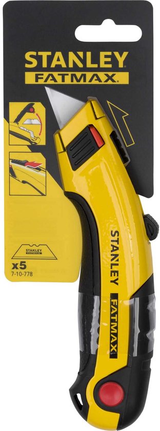 Stanley FatMax uitschuifbaar mes in verpakking, geel met zwarte grip.