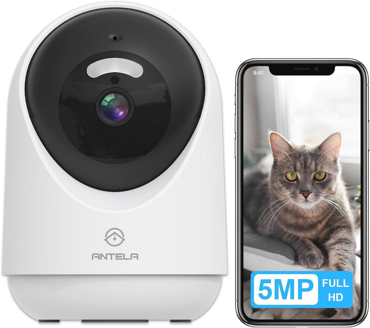 5MP Bewakingscamera voor Binnen met 2-Weg Audio en Draaibare Lens - IR Nachtzicht tot 10m, Compatibel met Alexa en Google Home