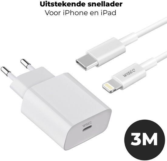 Witte iPhone-oplader met 3 meter lange USB-C naar Lightning kabel.