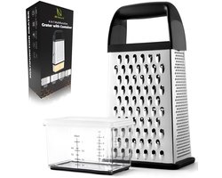 foto van HI NATURE™ Raspen - Multifunctionele Torenrasp met Bakje - Keukenrasp met Opvangbak | 4 in 1 Handrasp met een Voorraaddoosje - Roestvast Staal Blokrasp - Gemberrasp - Kaasrasp - Citroenrasp - Dunschiller - Kaasschaaf (RVS)