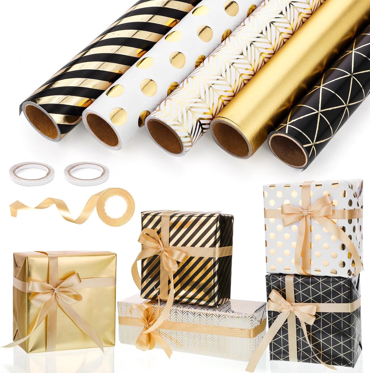 Cadeaupapierset 5 Rollen - Zwart en Goud - 43 cm x 3 m - Verpakking voor Verjaardag, Bruiloft en Feestdagen