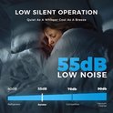 Vrouw slaapt vredig in een bed, omringd door witte lakens. "LOW SILENT OPERATION" en "55dB LOW NOISE" staat erbij.