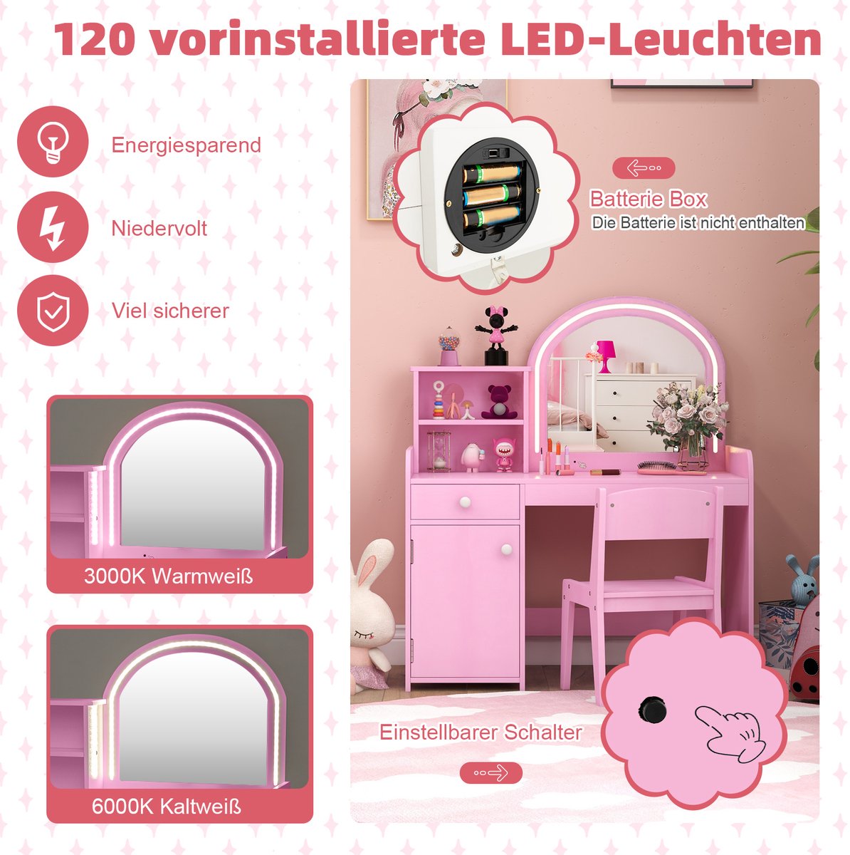COSTWAY 2-in-1 kinder kaptafel, make-uptafel met kruk, ledverlichting, spiegel, kast en lade, kinderkaptafelset, kaptafel van hout voor meisjes, voor kinderen vanaf 3 jaar (roze) — afbeelding 7
