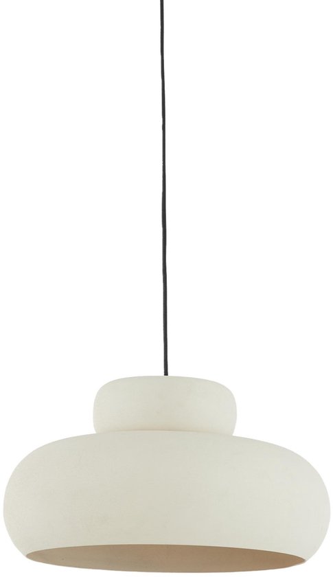 Lampe suspendue crème avec cordon et formes rondes.