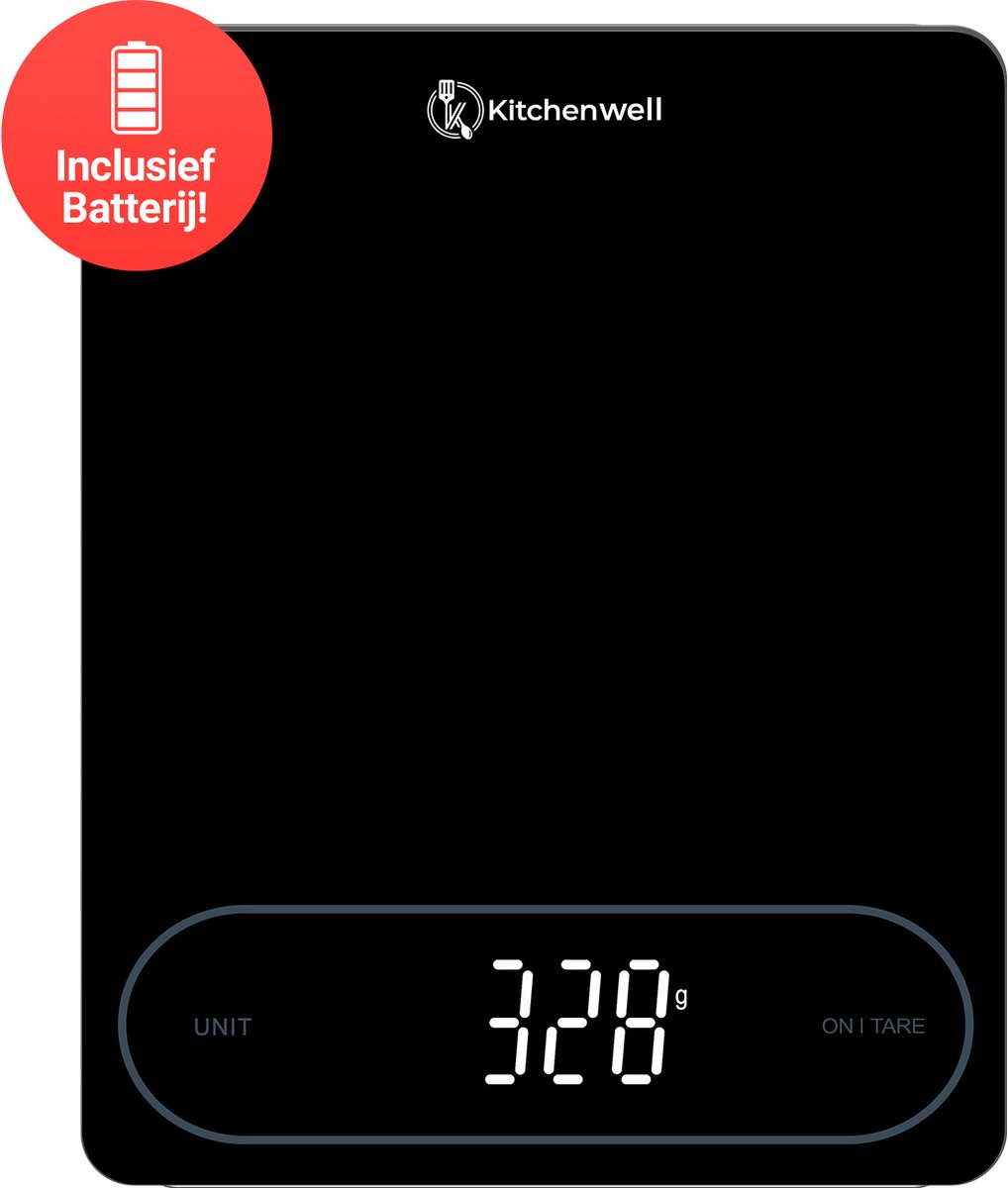 Kitchenwell Digitale Precisie Keukenweegschaal – Weegschaal Keuken - 1gr - 12kg – Tarra Functie - Batterij - Zwart