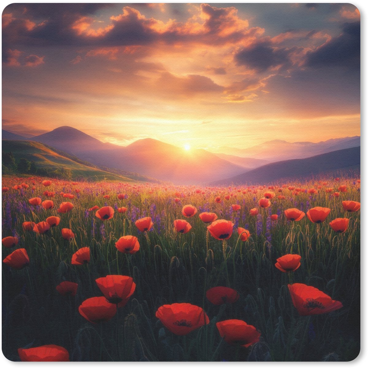 Muismat 20x20 cm - Mousepad Landschap - Zonsondergang - Bloemenveld - Muismatten