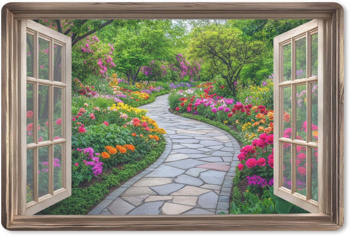 Muismat 27x18 cm - Mousepad Doorkijk - Bloemen - Tuinpad - Natuur - Raam - Muismatten