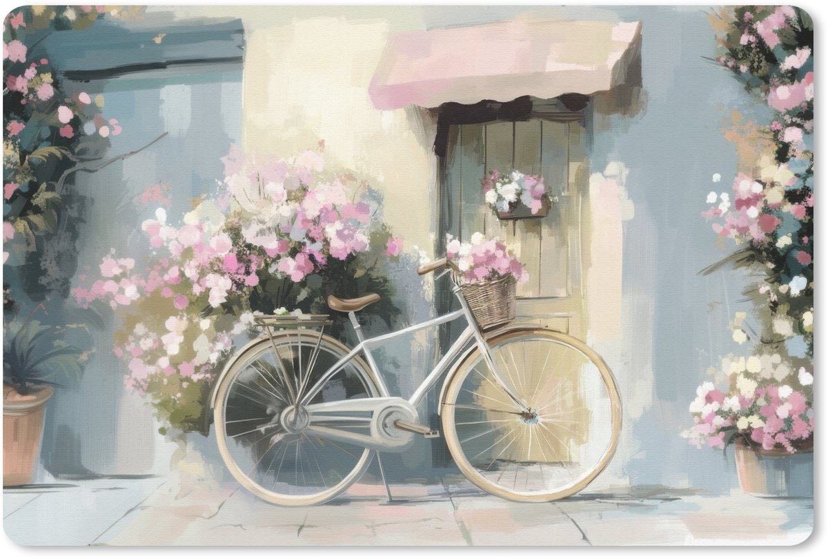 Muismat 27x18 cm - Mousepad Fiets - Pastelkleuren - Bloemen - Muismatten