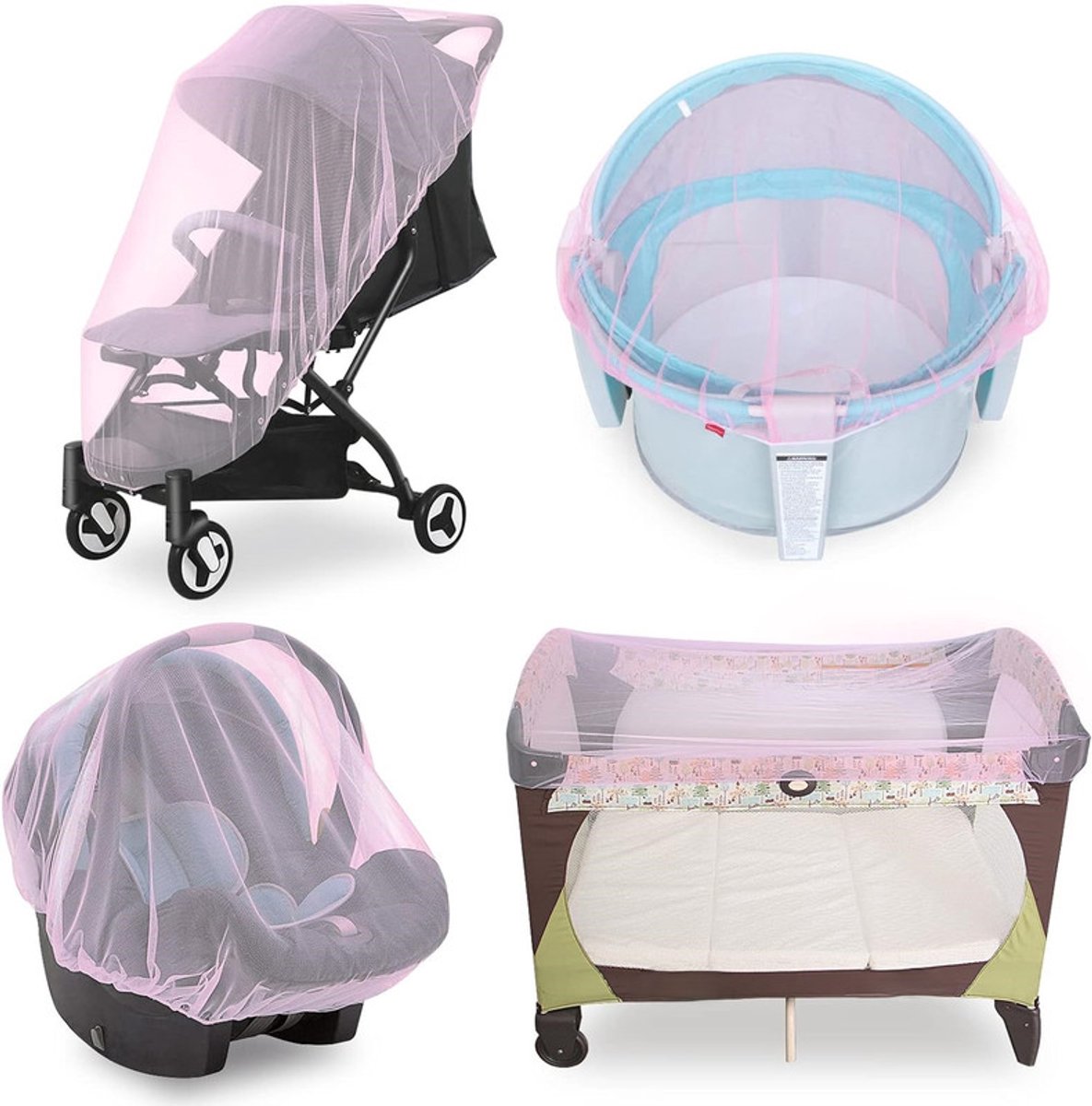 Image of 4 stuks Baby Muggennet voor Kinderwagen, Herbruikbaar Muggennet voor Kinderwagen, Wiegjes, Wiegjes, Box N Plays en Draagbare Miniwieg, Draagbaar & Duurzaam Baby Muggennet (Alleen Muggennet) - Roze