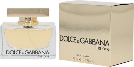 Dolce & Gabbana The One Eau de Parfum, 75ml. Glazen parfumfles met gouden dop, naast een gouden doosje.