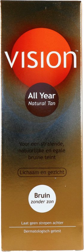 Verpakking van Vision All Year Natural Tan zelfbruiner met oranje cirkel en tekst.