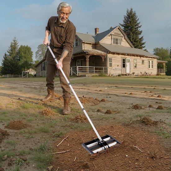 Gazonhark met verstelbare handgreep - lengte 1610 mm, bodemplaat 254 x 431 mm, bodemniveau van roestvrij metaal - hark voor golfbaan tuin — afbeelding 2