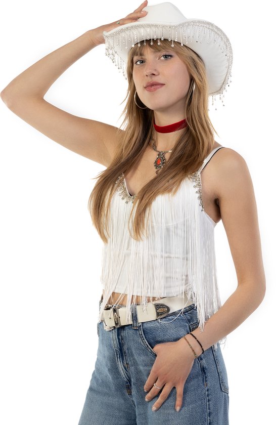 KIMU Cowboyhoed Wit Strass Steentjes - Witte Cowboy Western Hoed Diamantjes Dames Heren - Cowgirl Diamant Bride to Be Carnaval