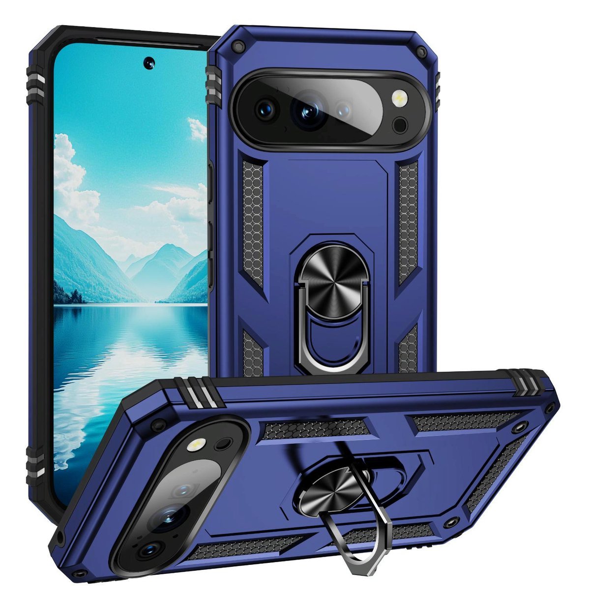 Mobigear Hoesje geschikt voor Google Pixel 10 Pro XL Telefoonhoesje Hardcase | Mobigear Armor Ring Backcover Shockproof met Ringhouder | Schokbestendig Pixel 10 Pro XL Telefoonhoesje | Anti Shock Proof - Blauw
