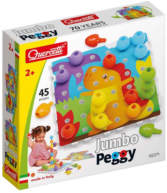 Doos met Quercetti Jumbo Peggy, een mozaïekspel met een dinosaurus en kleurrijke pegels van 45 stuks.