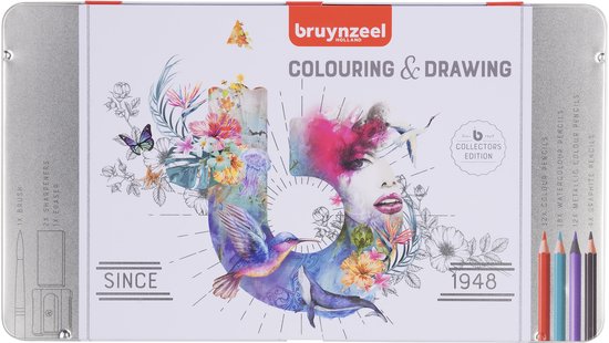 Étui Bruynzeel avec 70 crayons de couleur, dont 32 crayons couleur, 18 crayons aquarelle et 12 crayons métalliques. Brosse, 2 taille-crayons et gomme inclus.