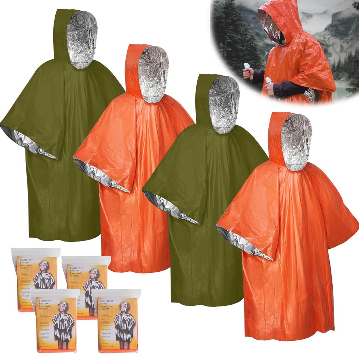 Nood Poncho Set van 4 - Thermische Mylar Dekens en Bivvy Tas - Voor Kamperen en Wandelen