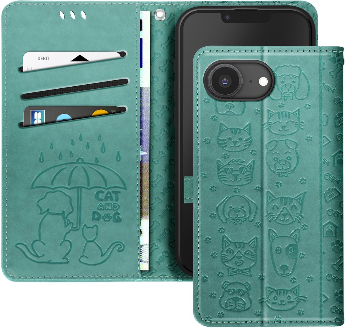 Avizar Hoesje Geschikt voor Apple iPhone 16e Design Cat and Dog Clap Wallet, Groen