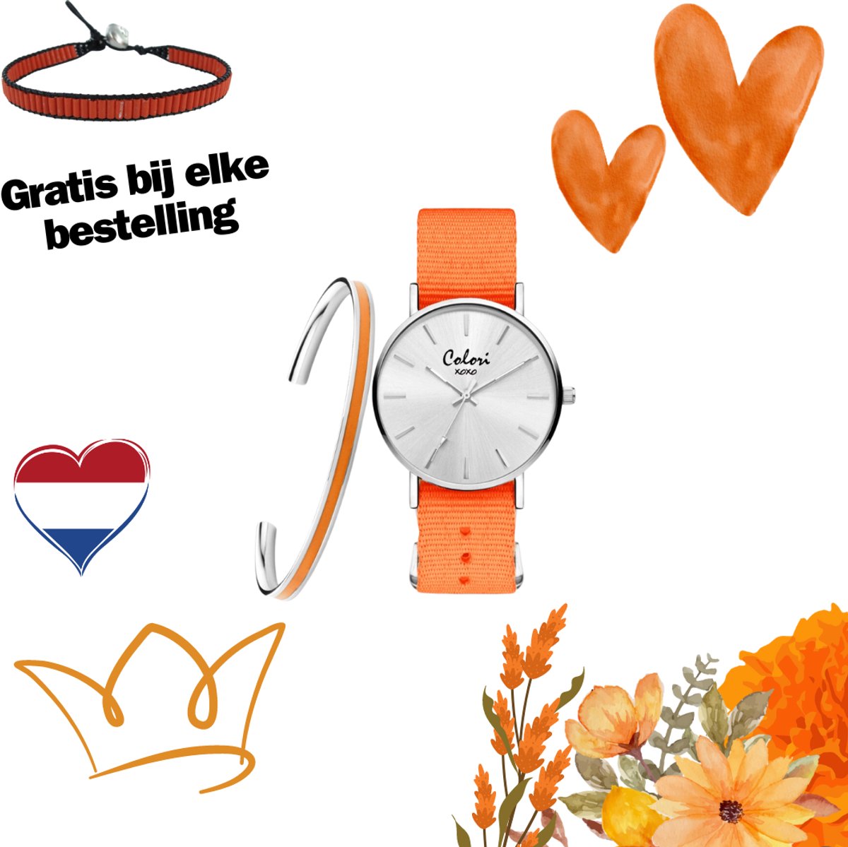 Colori XOXO 5 COL555 Horloge Geschenkset met Armband - Nato Band - Oranje - ø 36 mm