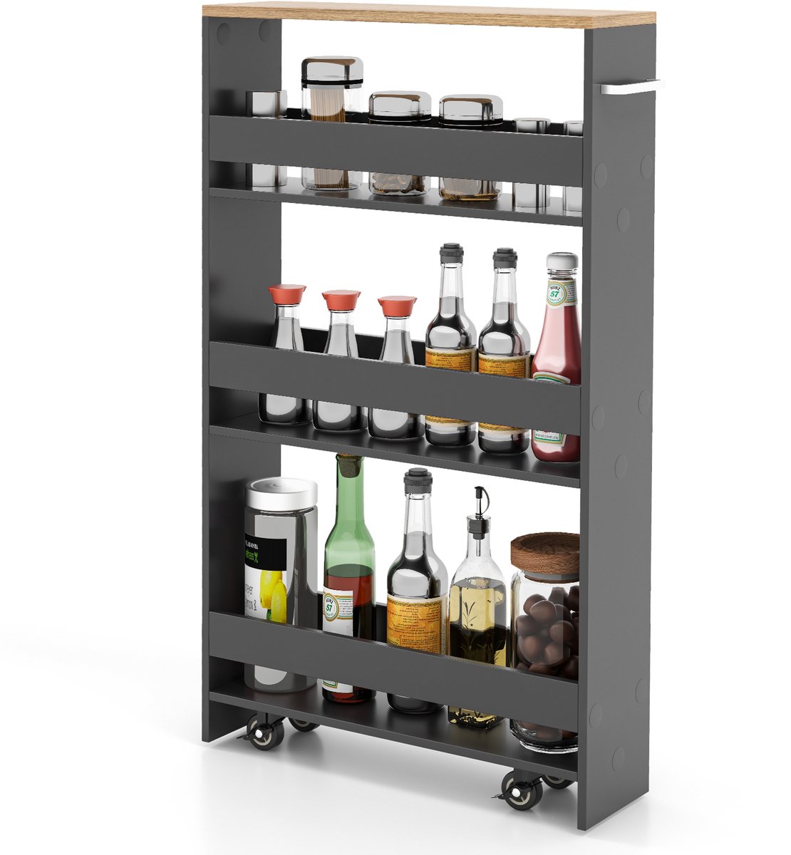 COSTWAY Nichewagen 13cm breed, 4 planken keukentrolley smal, nisplank op wielen, serveerwagen met handgreep & leuningen, houten badkamerplank, voor keuken, badkamer, 47,5x13x80,5cm, grijs+natuurlijk
